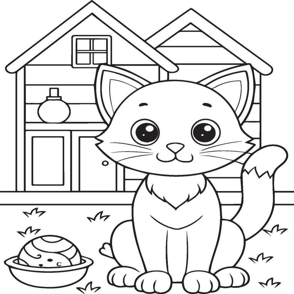 In the foreground a single baby cat in home . Cat in home coloring pages vector