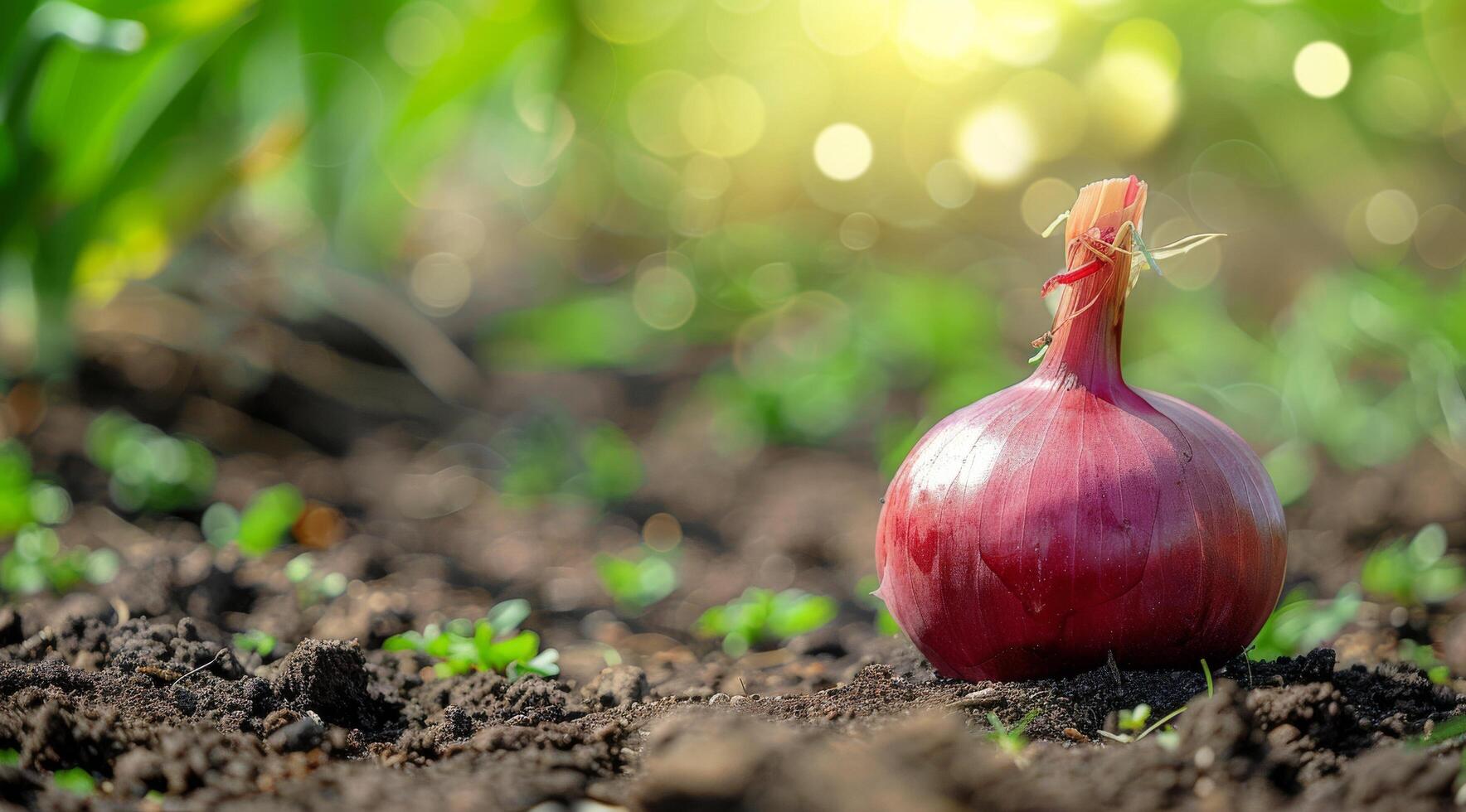 A red onion is shown growing in the dirt, capturing the process of onion growth photo