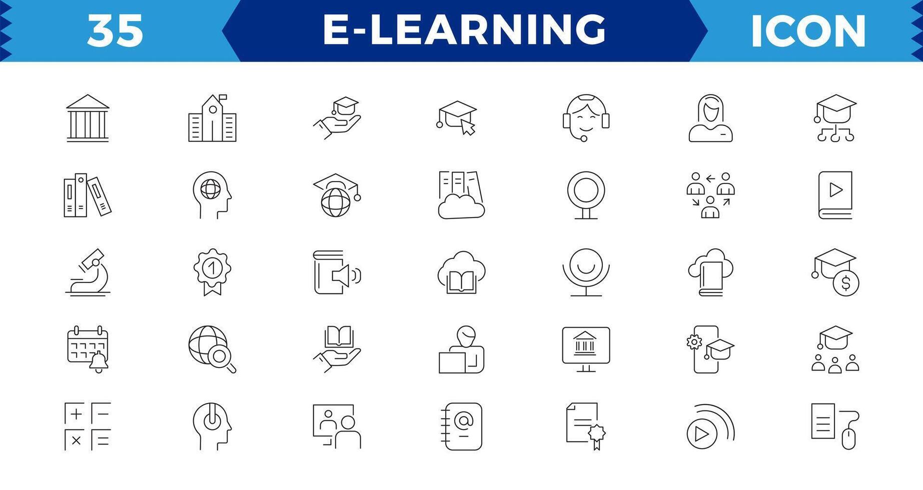 E-learning Pixel Perfect Black and White icon set. Online education Elements Outline icon set. Smart Learning. e-learning, E-Learning, Audio Book, zvideo courses, Graduation, Education Platform ideas vector