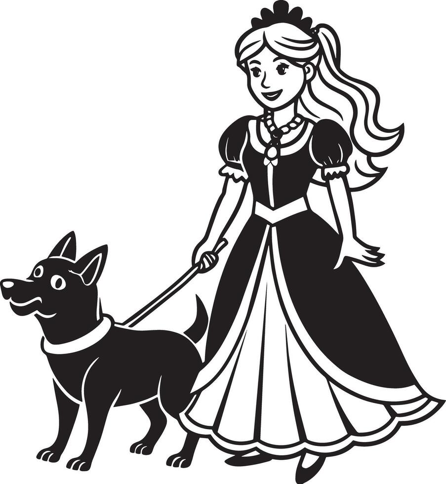 princess in a dress with dog illustration black and white vector