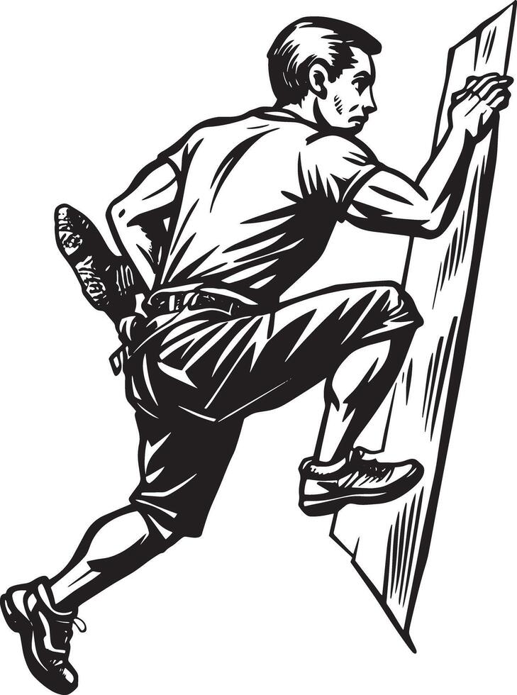 a man climbing a mountain in black and white illustration vector