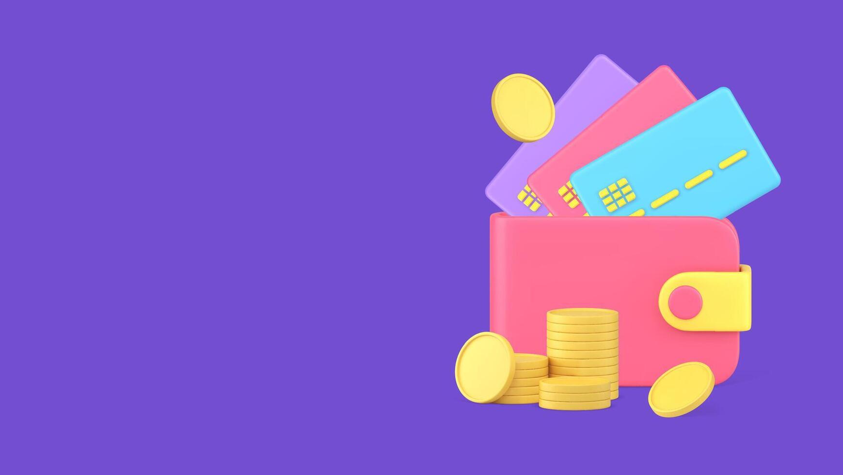 Financial independence richness earnings wallet full of coin money credit debit card 3d icon vector