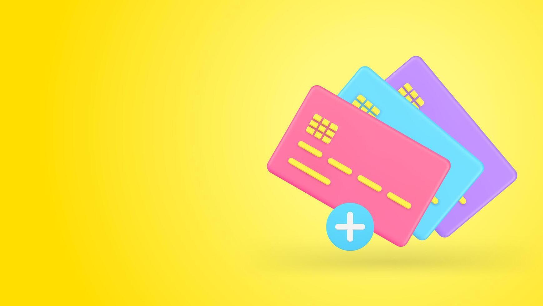 Add credit debit card cashless payment information link banking account 3d icon realistic vector