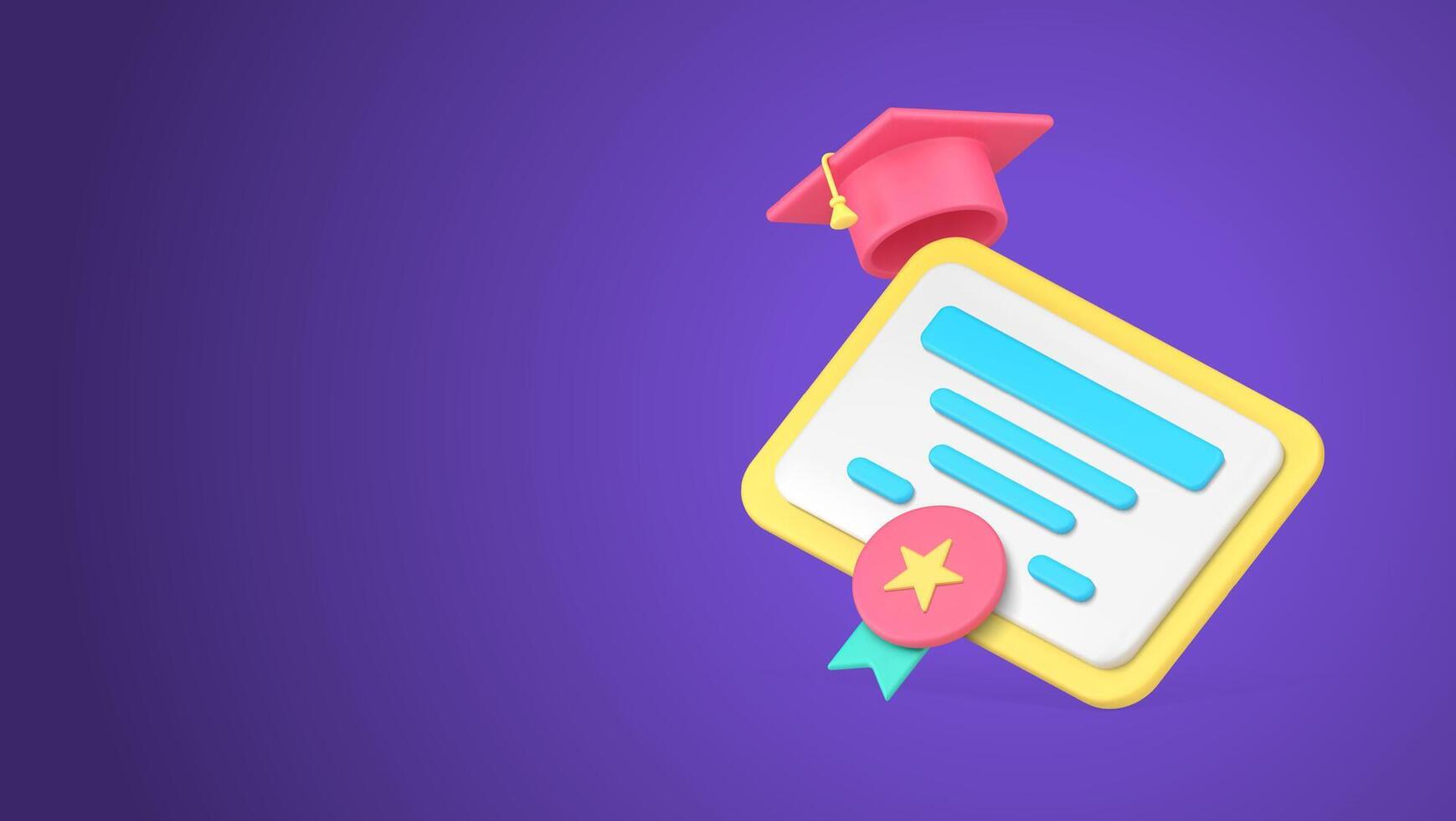 Graduation diploma certificate with medal and cap educational achievement 3d icon realistic vector