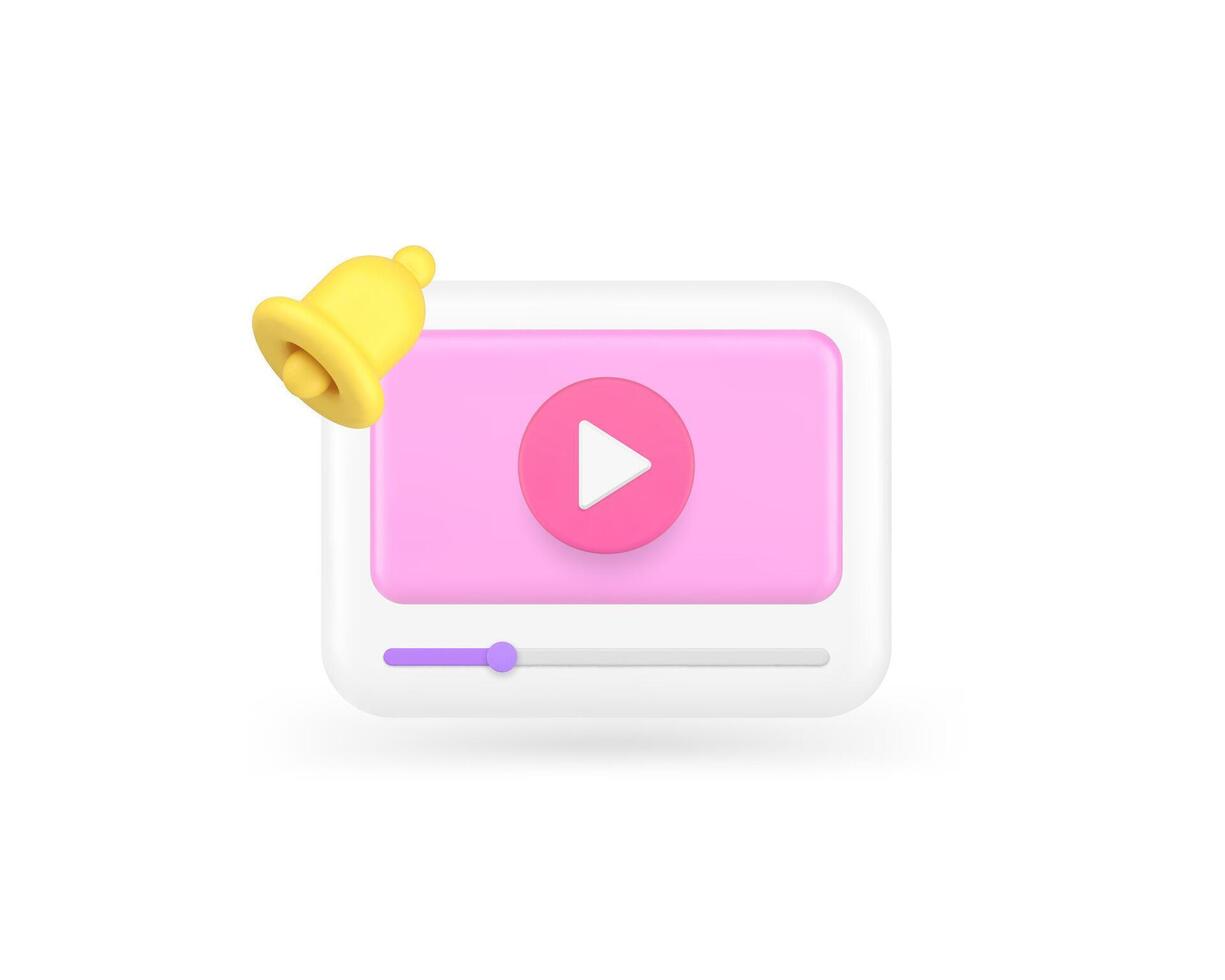 Multimedia content player new blog vlog subscription ring bell alert 3d icon realistic vector