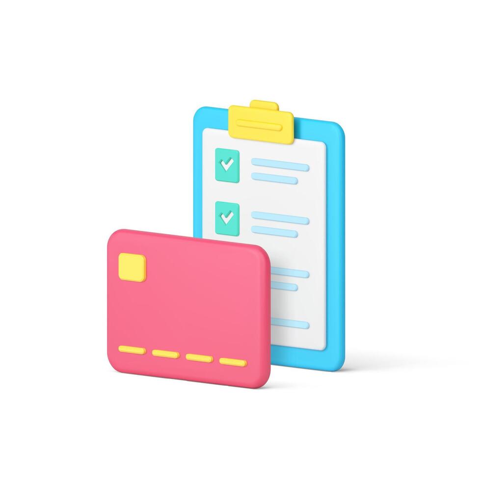 Shopping checklist complete list buying goods purchase card payment 3d icon realistic vector