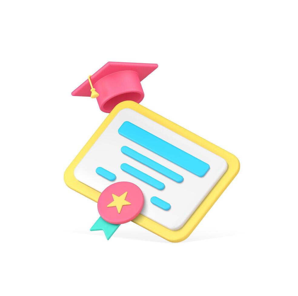 Graduation diploma certificate with medal and cap educational achievement 3d icon realistic vector