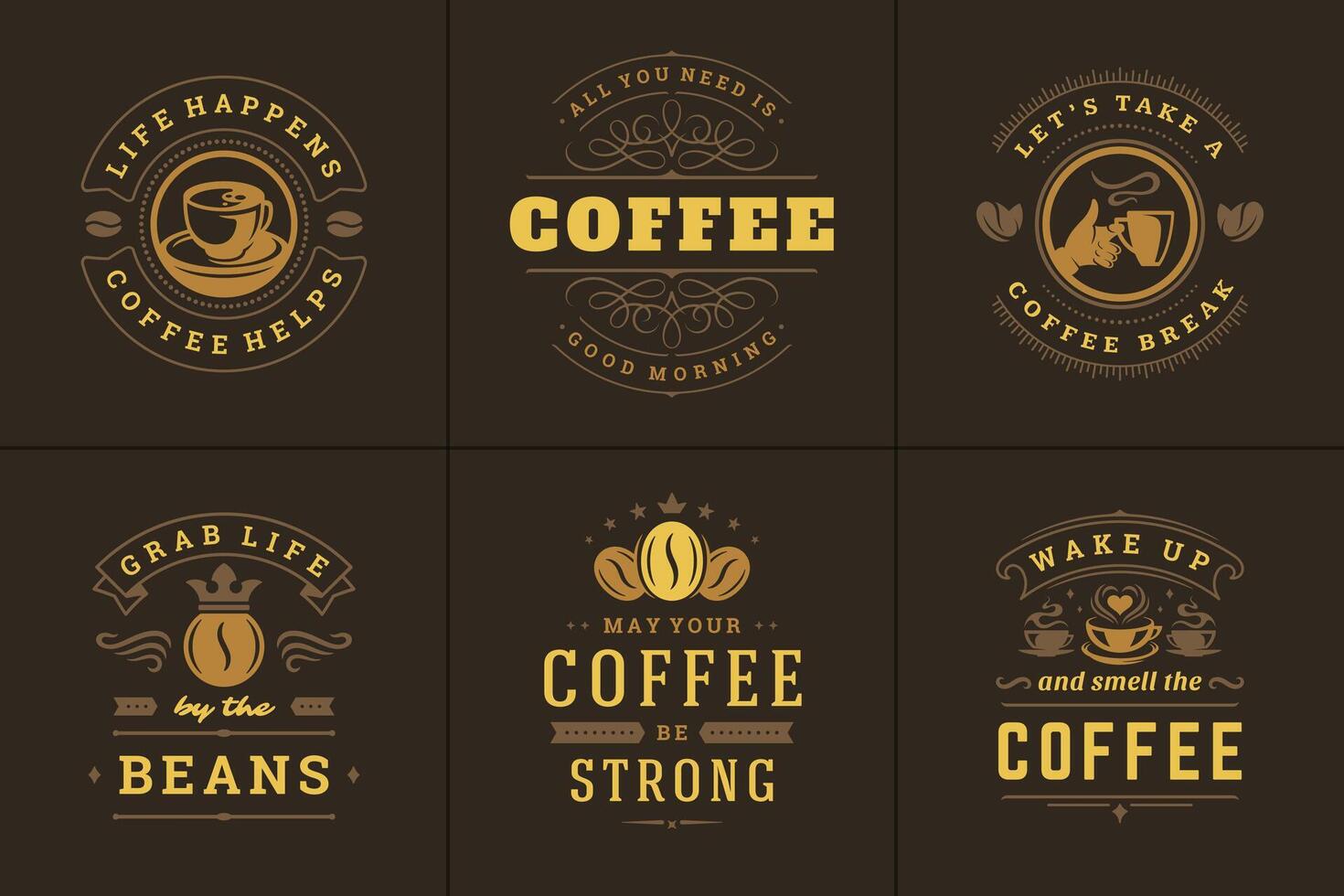 Coffee quotes vintage typographic style inspirational phrases illustrations set. vector