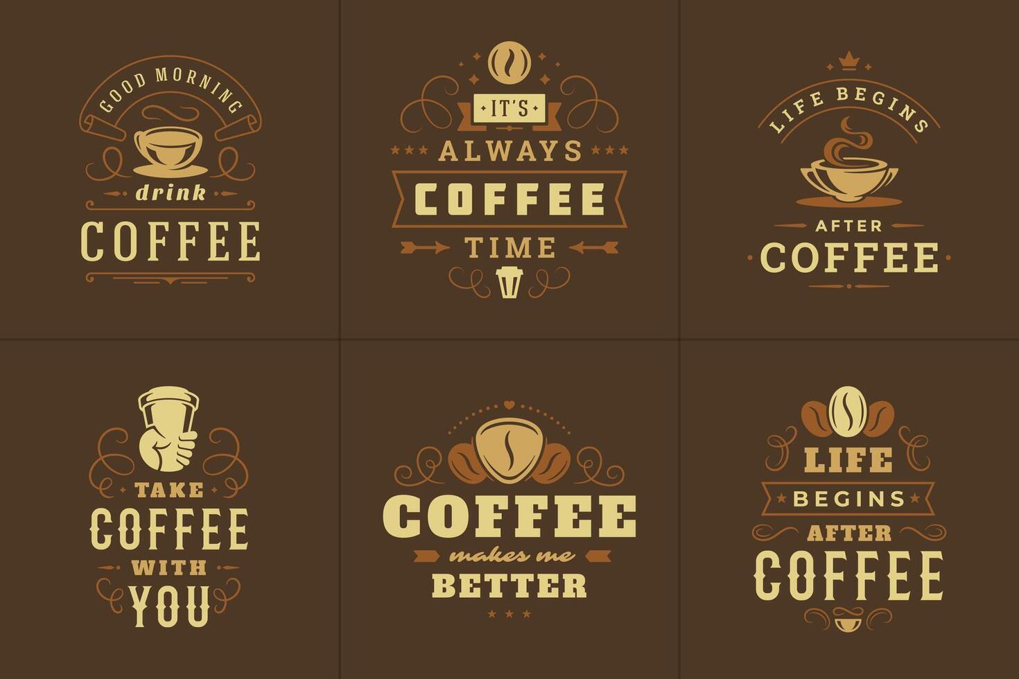 Coffee quotes vintage typographic style inspirational phrases illustrations set. vector