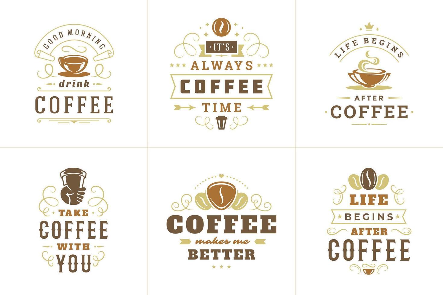 Coffee quotes vintage typographic style inspirational phrases set. vector