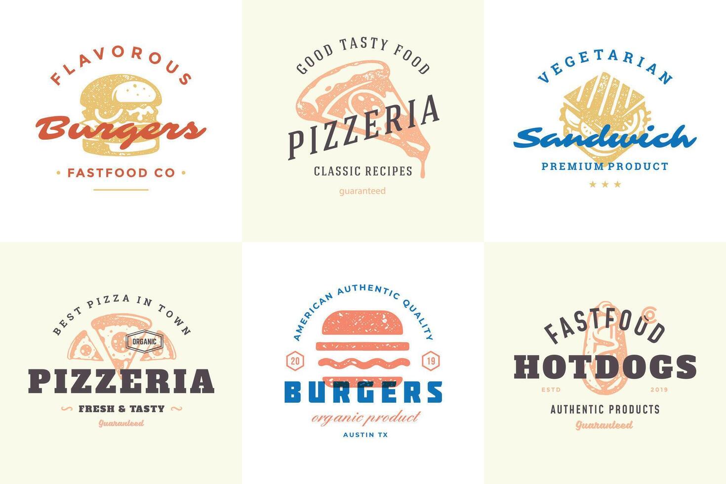 Engraving fast food logos and labels with modern vintage typography hand drawn style set illustration. vector