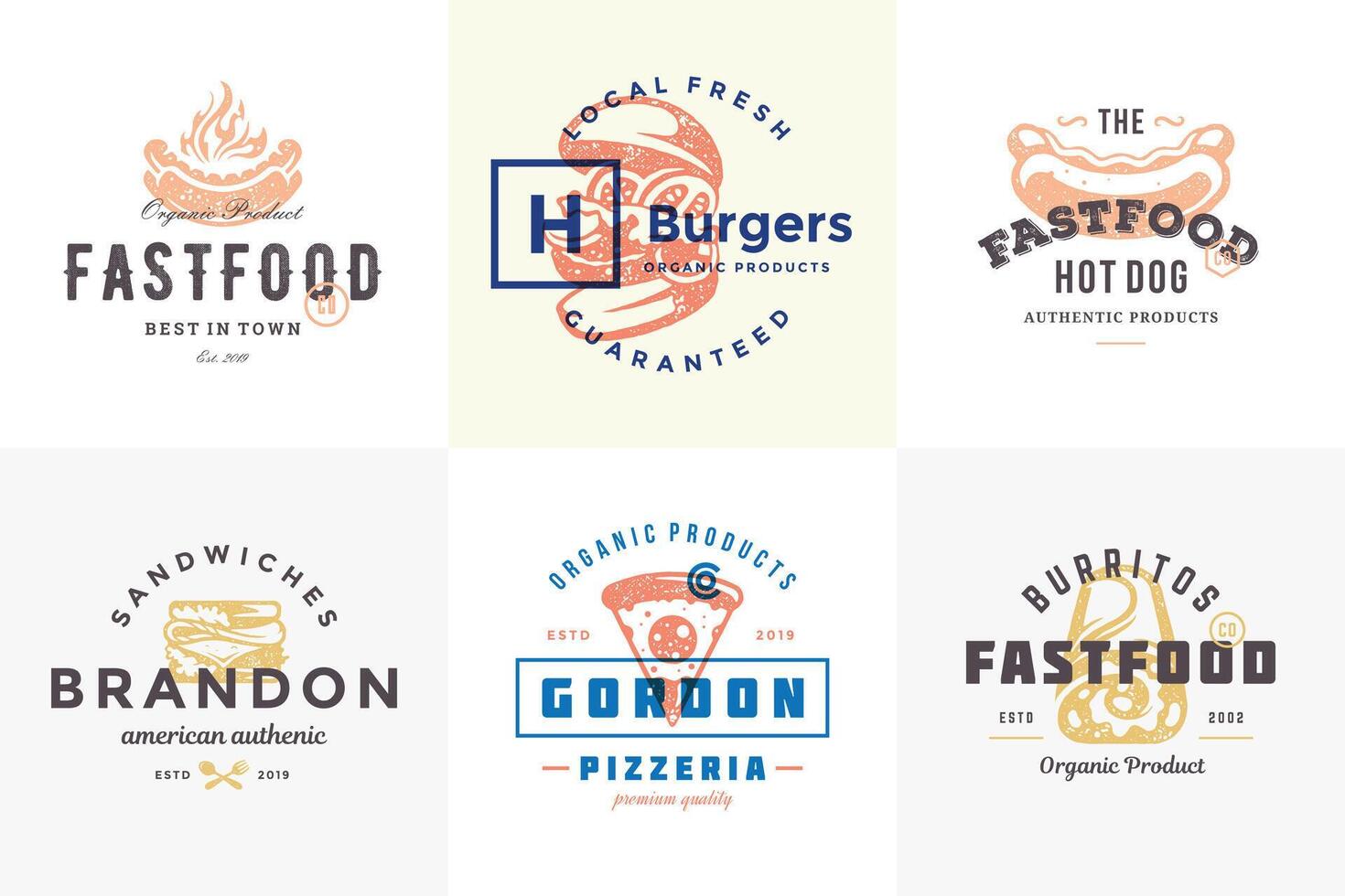 Hand drawn fast food logos and labels with modern vintage typography retro style set illustration. vector