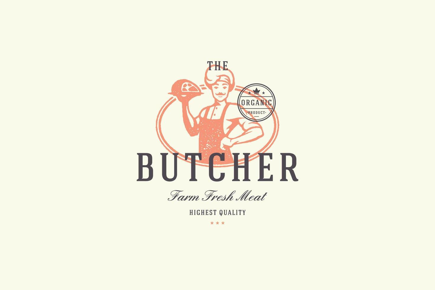 Hand drawn logo male butcher holding meat silhouette and modern vintage typography retro style illustration. vector