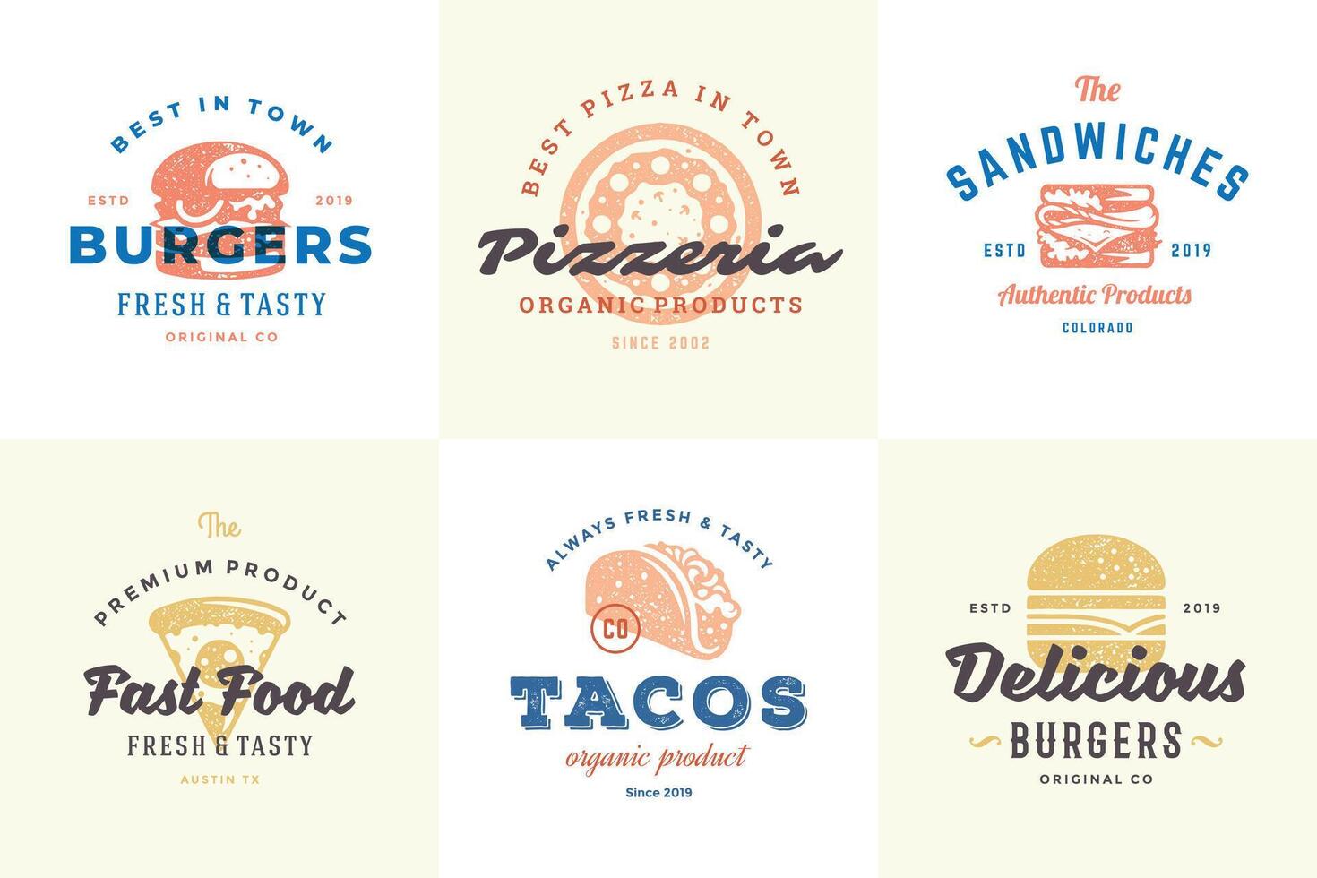Hand drawn fast food logos and labels with modern vintage typography retro style set illustration. vector