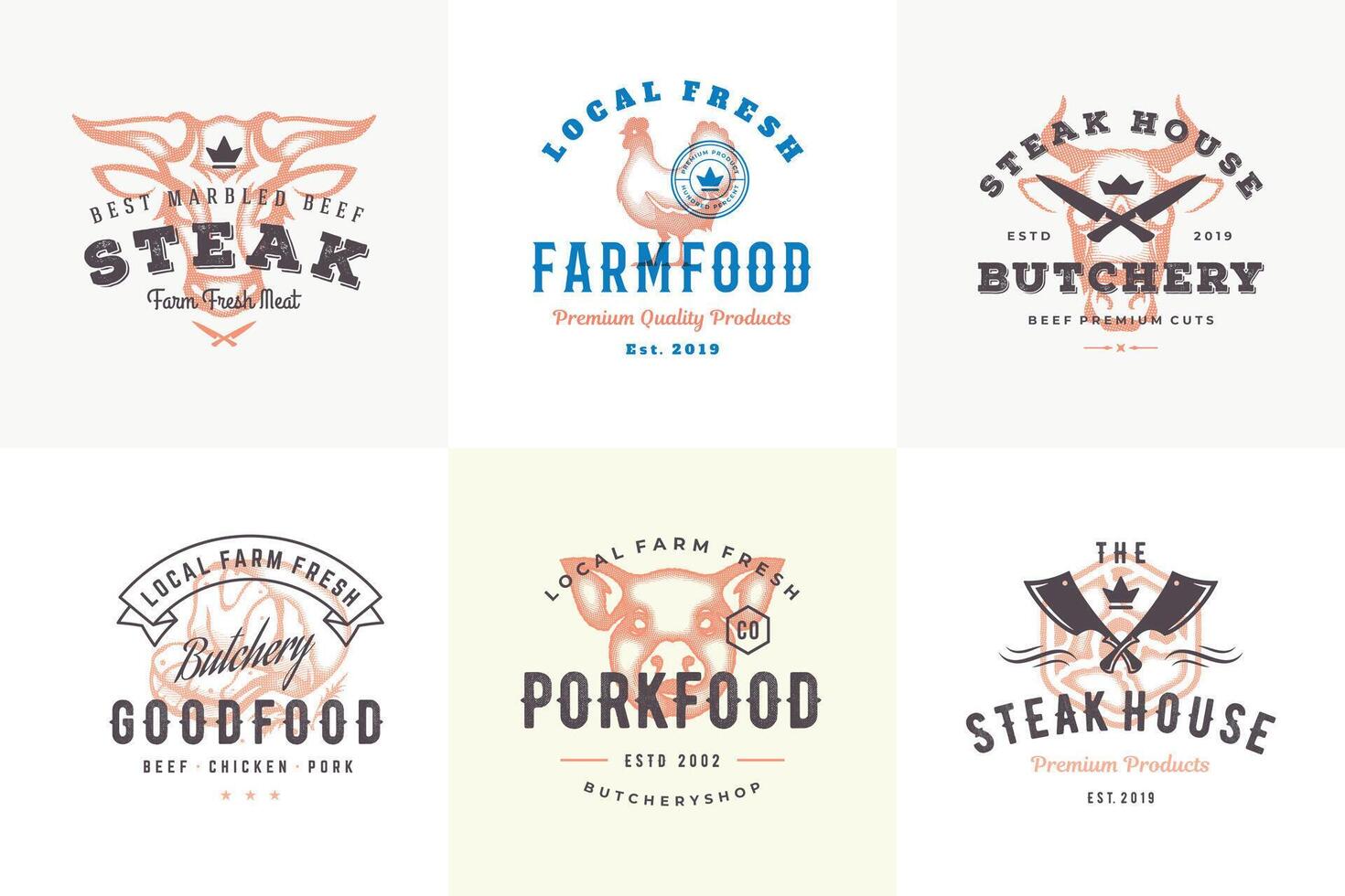 Hand drawn logos and labels farm animals with modern vintage typography hand drawn style set illustration vector