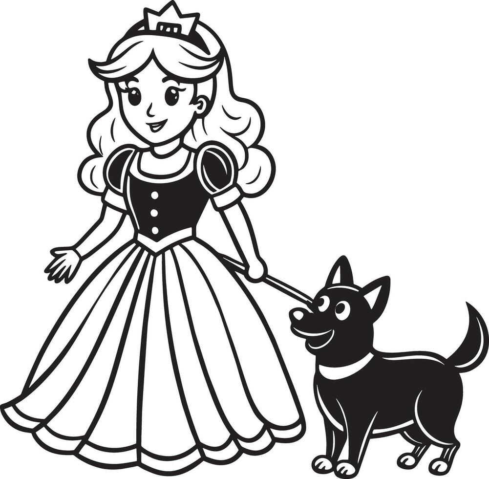 princess in a dress with dog illustration black and white vector