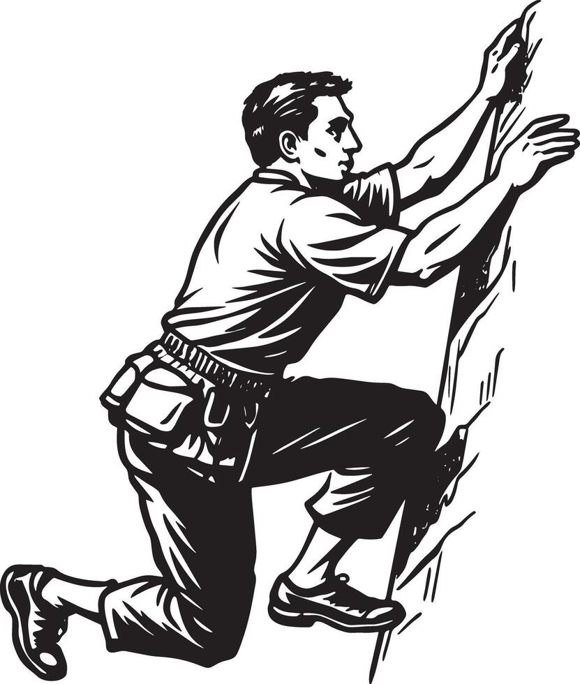 a man climbing a mountain in black and white illustration vector