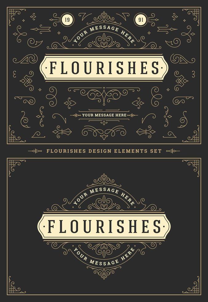 Vintage ornaments swirls and vignettes decorations design elements set illustration. vector