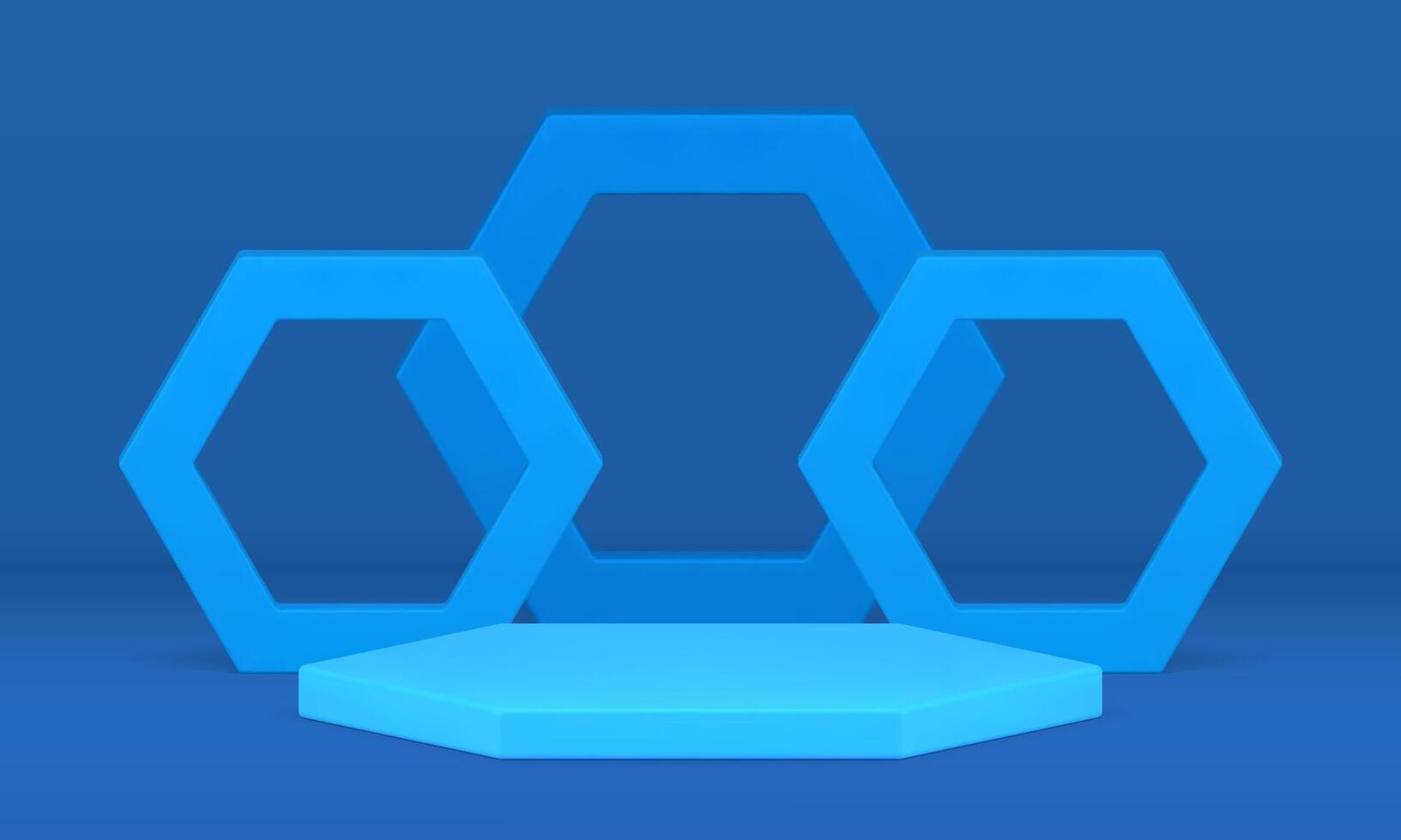 Blue hexagonal scene event podium polygonal pedestal frame border 3d design realistic vector