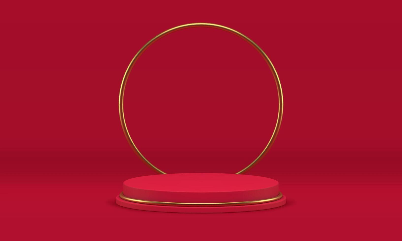Red 3d stage cylinder platform advertising arena golden frame studio background realistic vector