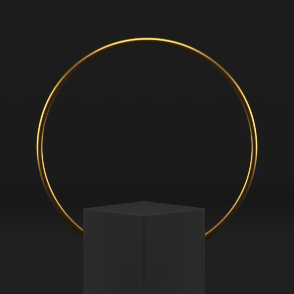 3d cube podium platform black stage golden circle frame product performance studio background vector