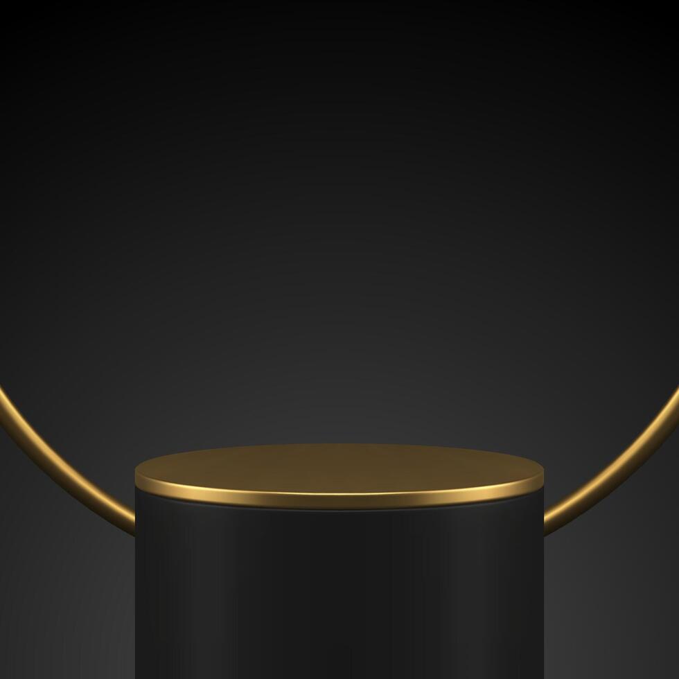 3d podium black cylinder foundation golden circle metallic frame promo presentation realistic vector
