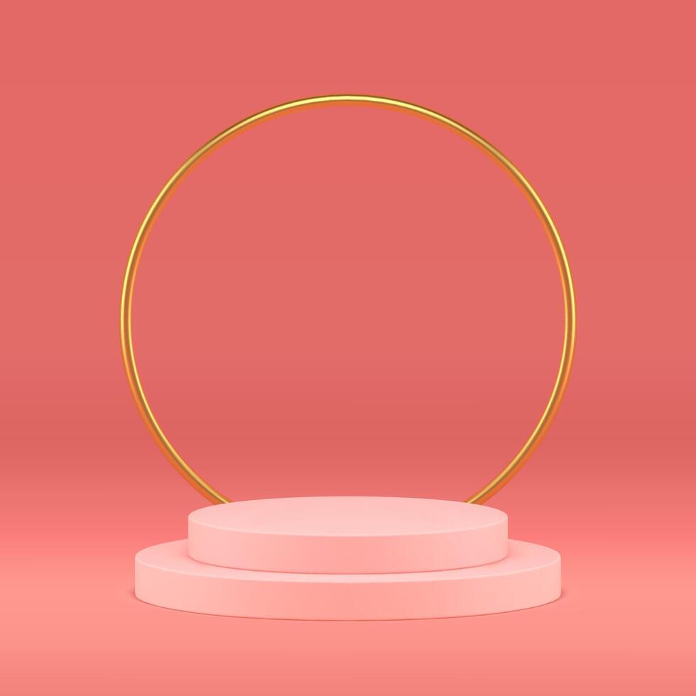 Pink cylinder 3d pedestal round stairs level with golden frame minimalist stage construction vector