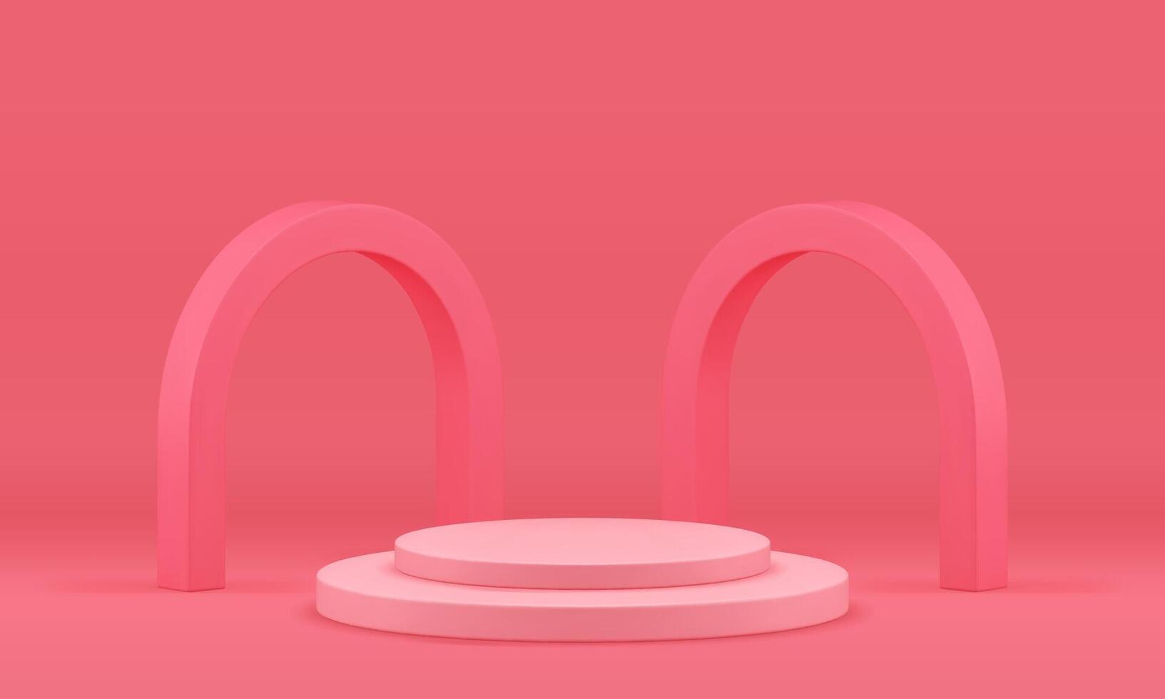 3d pink cylinder podium with curved arch column construction promo studio background vector