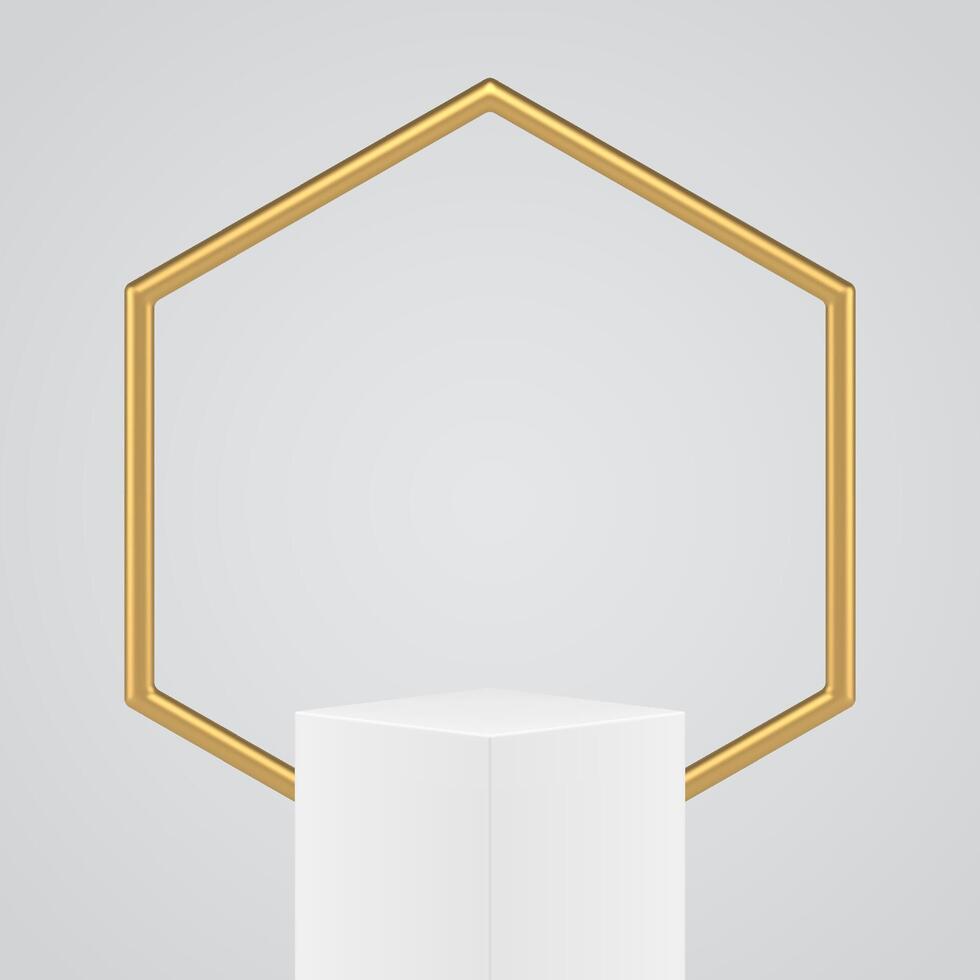 3d podium cylinder platform stage with golden hexagonal frame product presentation realistic vector