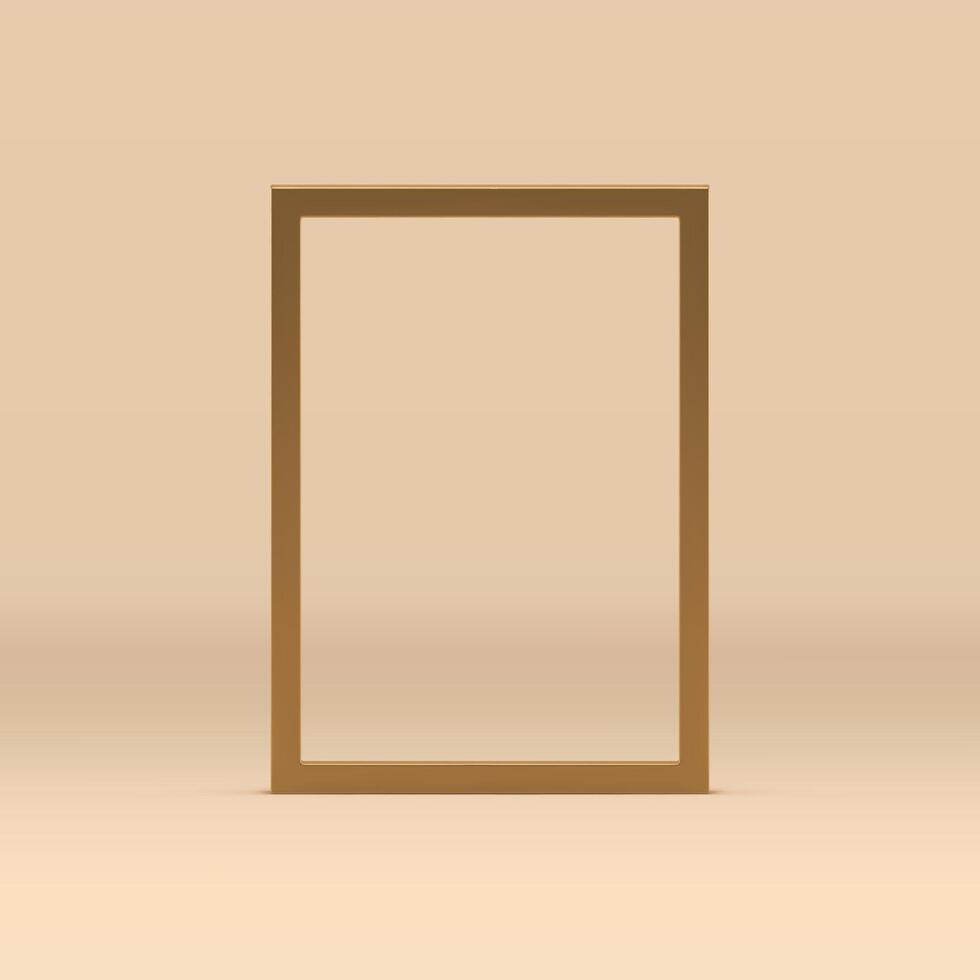 3d golden frame geometric decor element vertical rectangle foundation beige studio background vector
