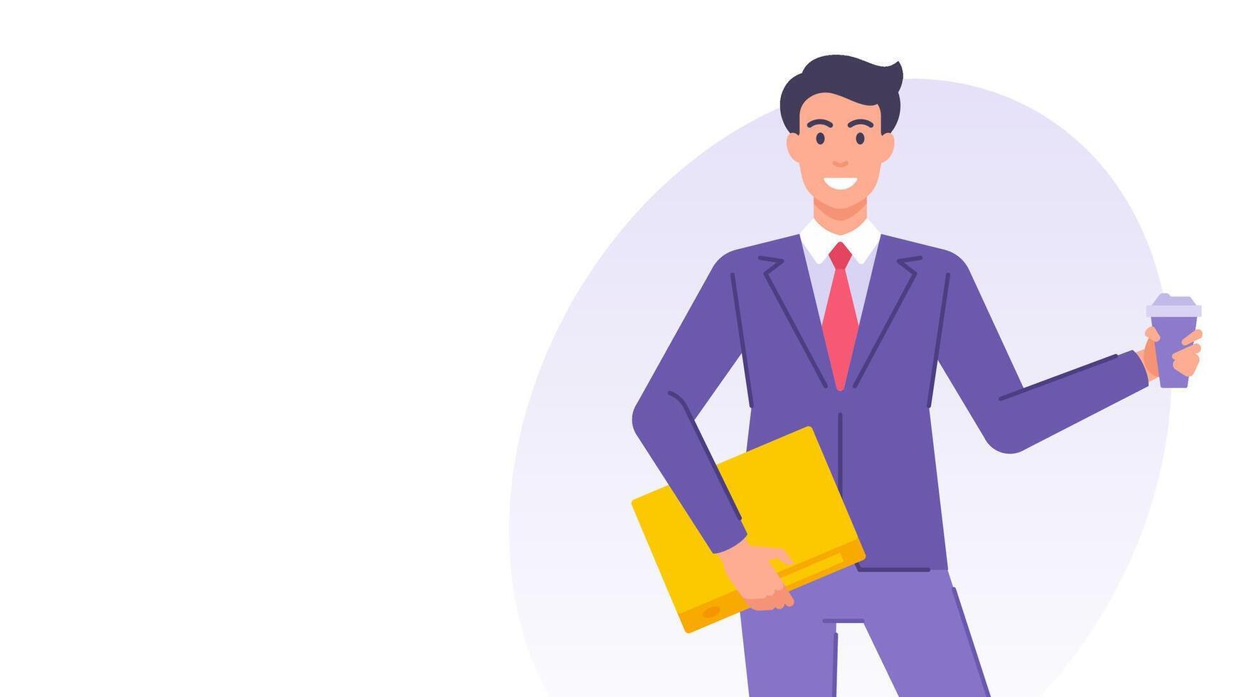 Business man with coffee paper cup and document folder banner design template flat vector