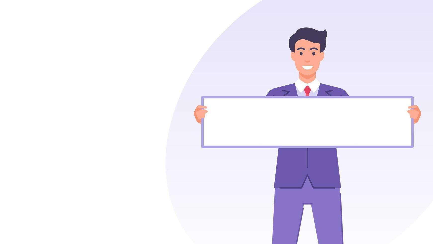 Smiling business man with blank board information message banner design template flat vector