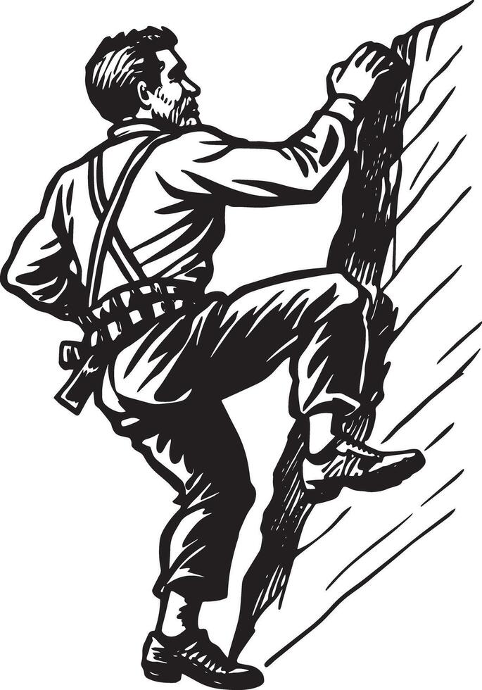 a man climbing a mountain in black and white illustration vector