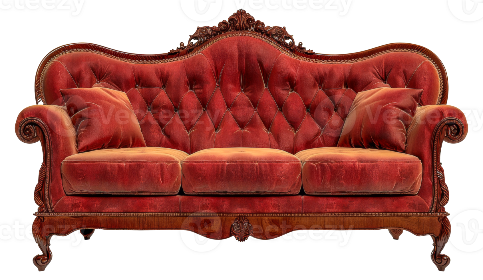 A red couch with three cushions and a wooden frame - stock .. png