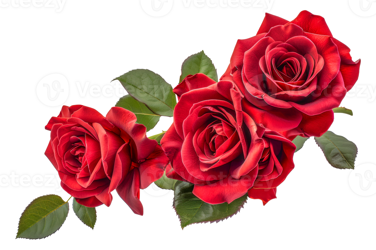 Three red roses are arranged in a row, with their stems visible - stock .. png
