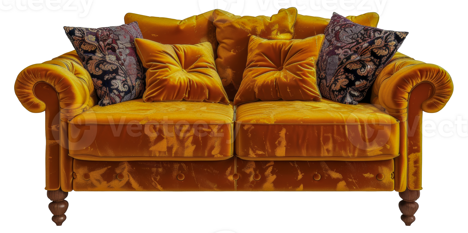 A large, plush, yellow sofa with pillows and a floral pattern - stock .. png