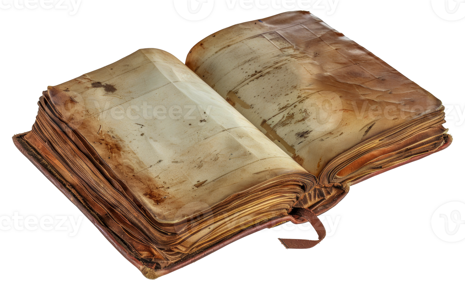 An old leather bound book is open to a page with a faded writing - stock .. png