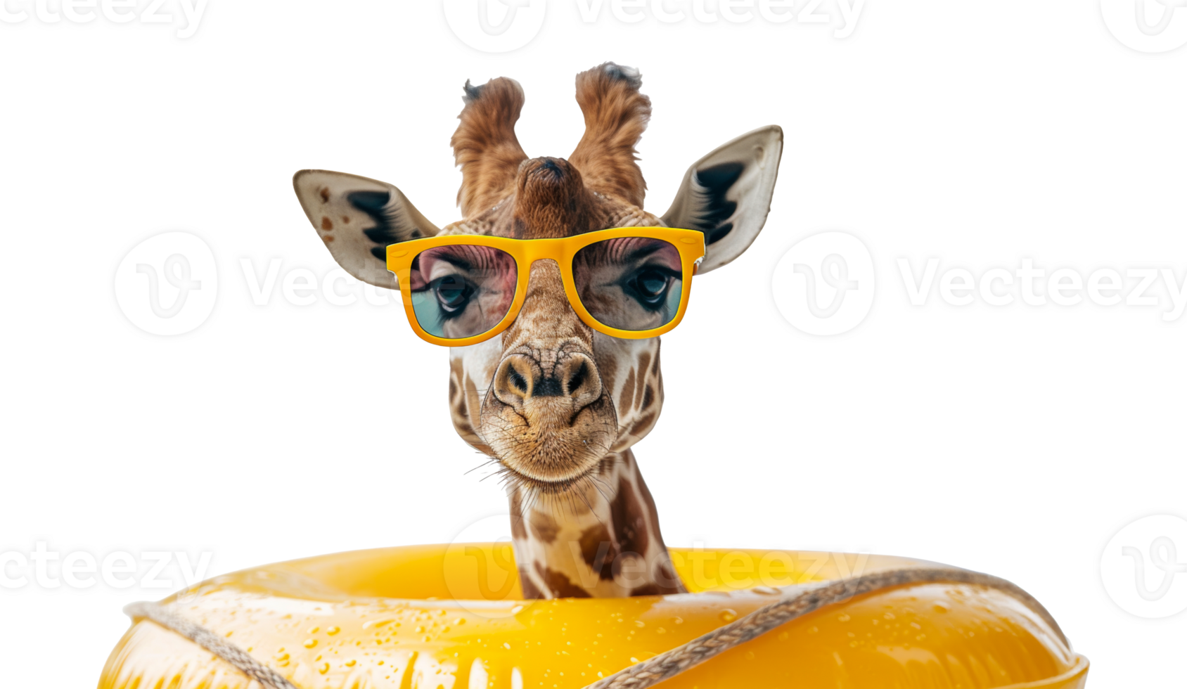 Giraffe with sunglasses on yellow pool float, cut out - stock .. png