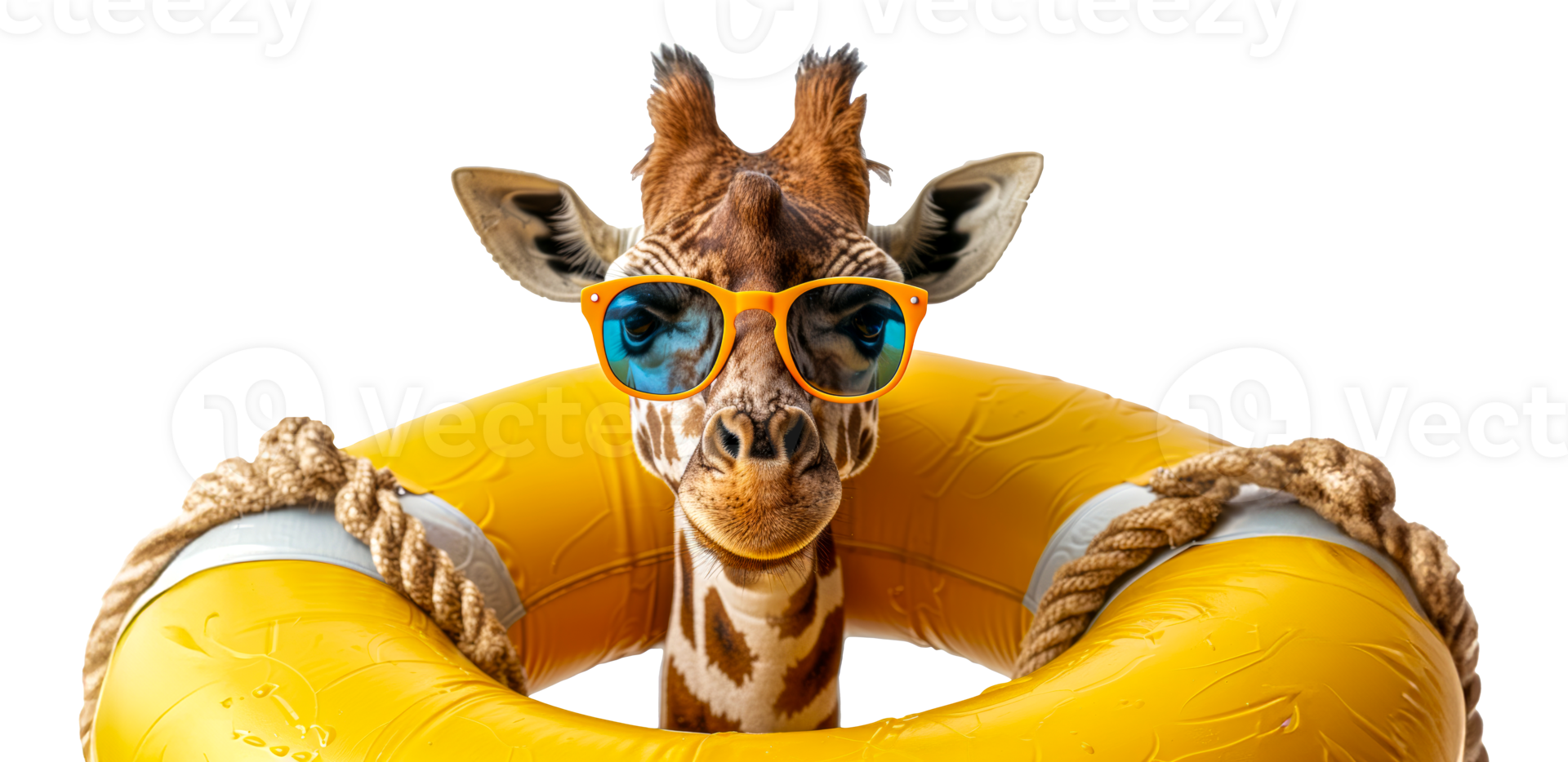 Giraffe with sunglasses on yellow pool float, cut out - stock .. png