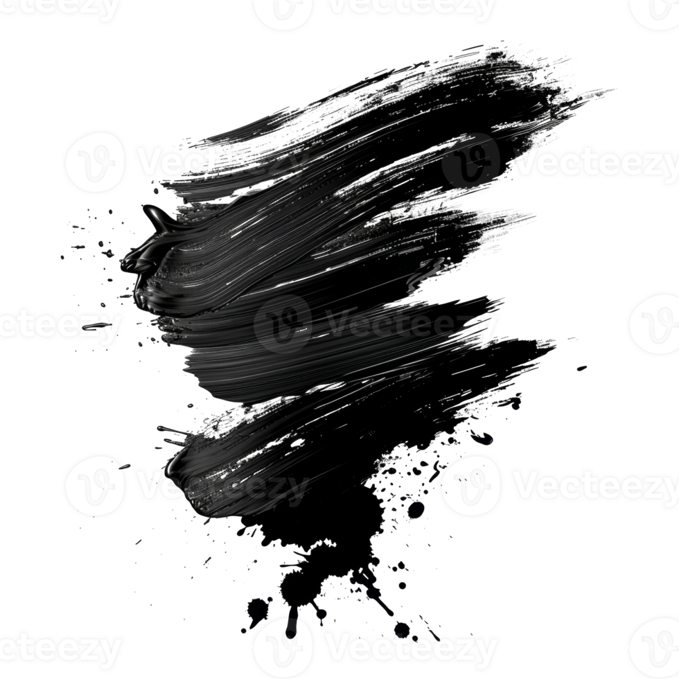 Dynamic black paint smear with splatter on transparent background - stock .. png