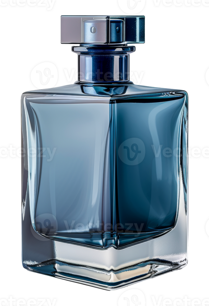Stylish blue glass perfume bottle with transparent design, cut out - stock .. png