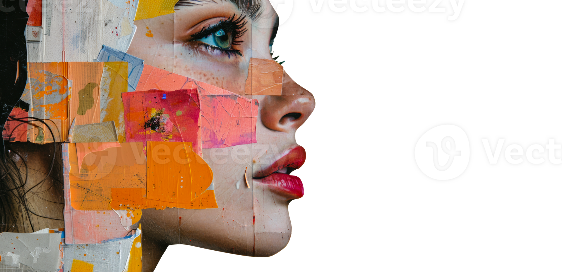 Artistic Collage of Woman's Profile with Mixed Media Elements, cut out - stock .. png