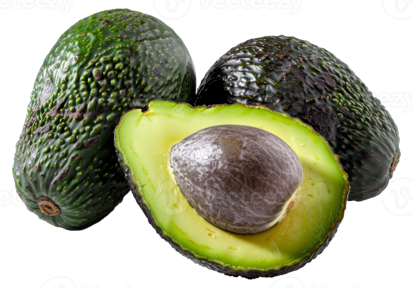 Three avocados are shown, one of which is cut open - stock .. png