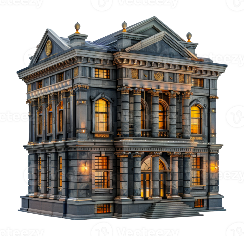 Majestic Neoclassical Building with Illuminated Windows at Night, cut out - stock .. png