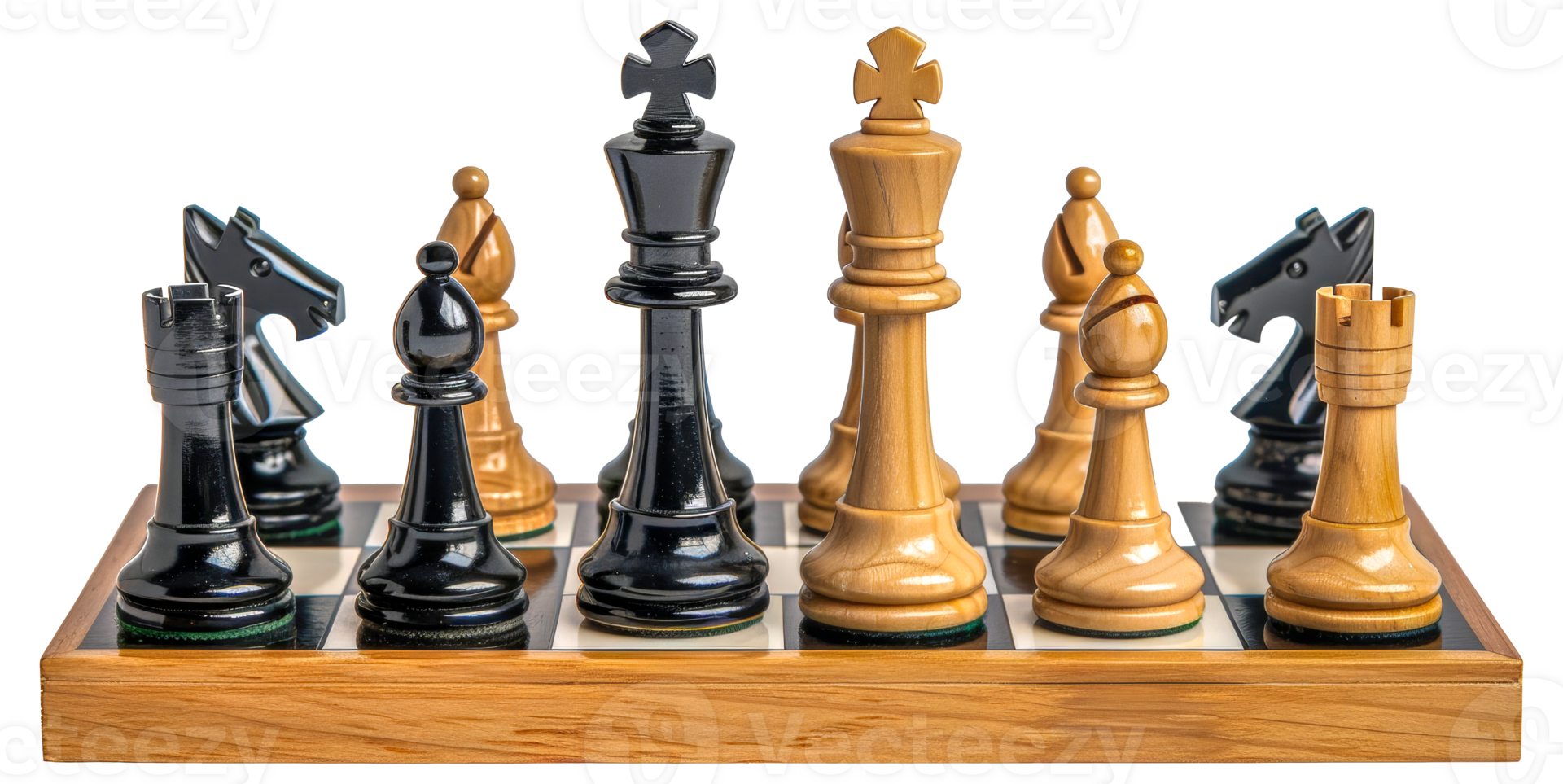 A wooden chess board with black and white pieces - stock .. png
