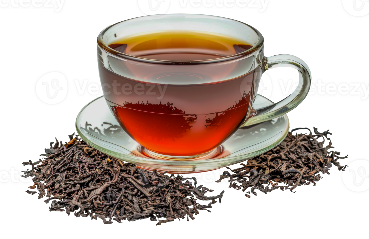 A cup of tea is on a saucer with a pile of tea leaves next to it - stock .. png