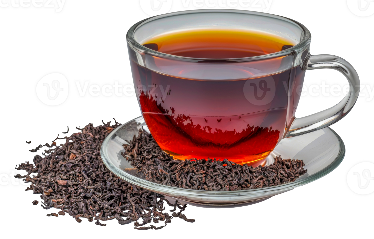 A cup of tea with a saucer and a pile of tea leaves on the saucer - stock .. png