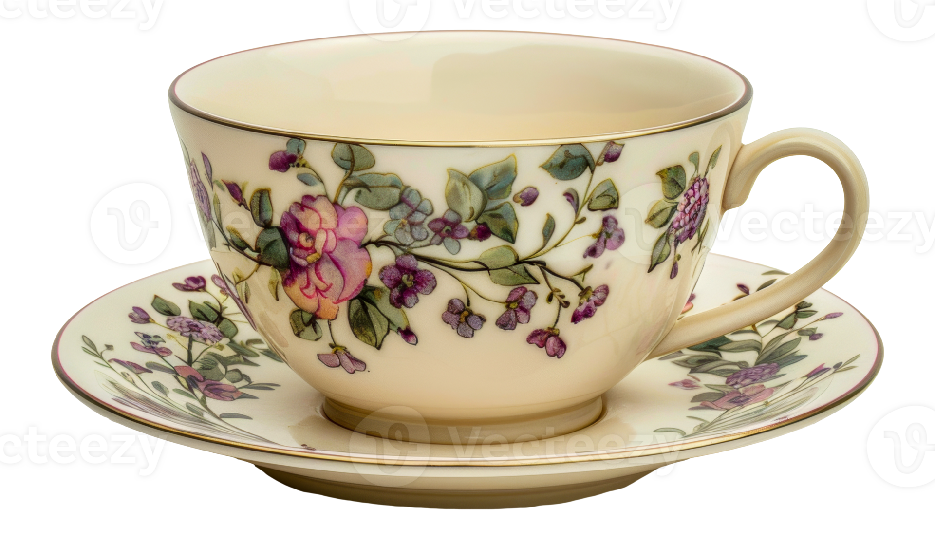 Vintage porcelain tea cup with intricate floral design, cut out - stock