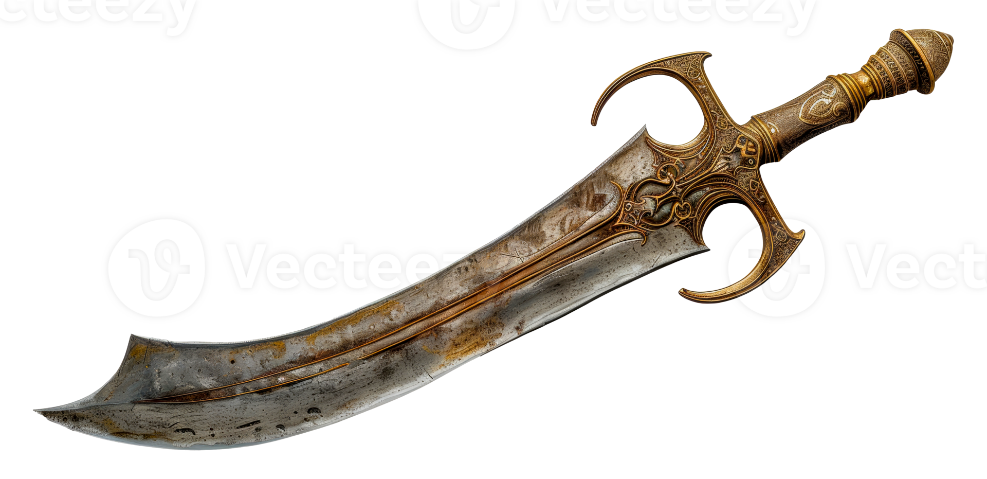 Ornate medieval sword with gold hilt, cut out - stock .. png