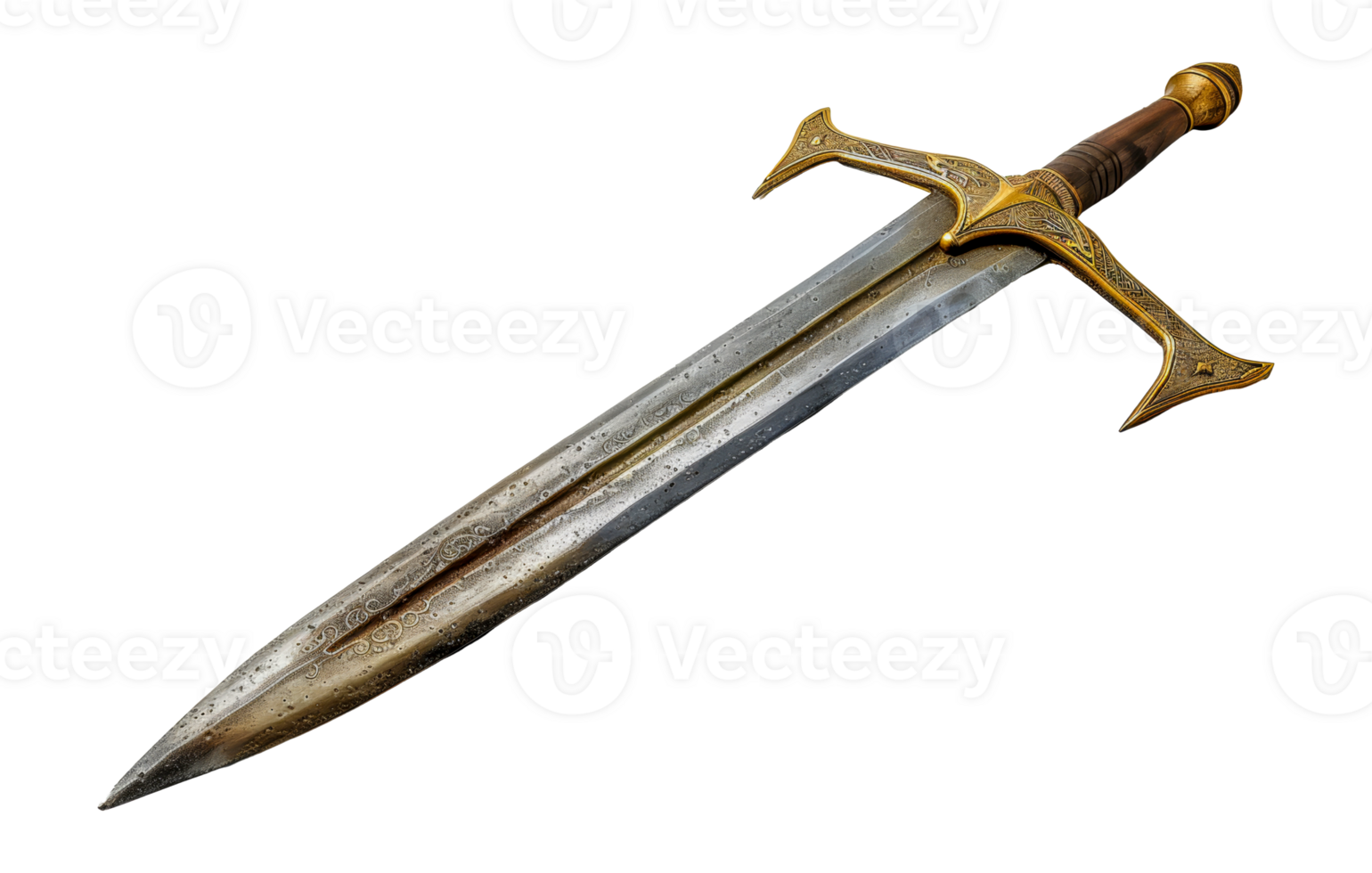 Ornate medieval sword with gold hilt, cut out - stock .. png